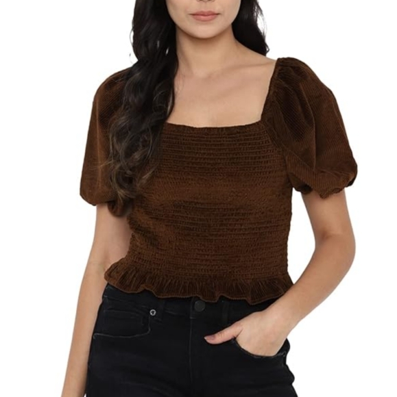 American Eagle Burnt Brown Corduroy Smocked Cropped Puff Sleeves Blouse - Picture 2 of 8
